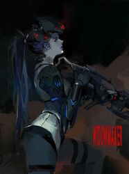  1girl character_name gun head_mounted_display jungah_lee lipstick long_hair looking_at_viewer makeup overwatch ponytail purple_hair purple_lipstick purple_skin rifle sniper_rifle solo weapon widowmaker_(overwatch) 