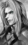  blue_eyes final_fantasy final_fantasy_vii kink long_hair male monochrome sephiroth solo spot_color 