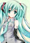  bad_id colored detached_sleeves green_eyes green_hair hatsune_miku headset highres long_hair necktie purinko smile twintails very_long_hair vocaloid 