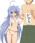 ahoge bikini blue_hair collarbone flat_chest green_eyes height_difference izumi_konata long_hair lucky_star mole mound_of_venus navel smile sora_to_umi swimsuit tall thighs very_long_hair wide_hips 
