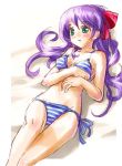  bikini blush green_eyes katahira_masashi long_hair lying original purple_hair striped striped_bikini striped_swimsuit swimsuit 