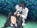  ashe_(cg) black_hair blue_hair couple dress flower game_cg kiss rose sitting sleeping socks toujou_sakana under_the_moon white_hair 
