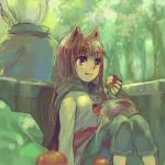  animal_ears apple apples back-to-back back_to_back craft_lawrence eating food fruit holo lowres oekaki sitting smile spice_and_wolf tail wolf_ears 