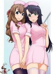  black_hair blood blue_eyes brown_hair green_eyes hand_holding hayase_kouichi holding_hand holding_hands kizaki_emi kujou_miu kurogane_no_linebarrel kurogane_no_linebarrels ldl long_hair multiple_girls nosebleed nurse thigh-highs thighhighs 