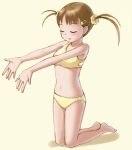  brown_hair closed_eyes kneeling original outstretched_arms shinchui short_hair swimsuit twintails 
