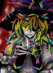  acid_trip black_sclera blonde_hair bracelet brass_knuckles buttons collar colorful contemporary dress_shirt earrings gloves hat heterochromia highres jewelry kirisame_marisa multicolored_hair ninomae piercing ribbon ring shirt smile solo spirit star touhou weapon witch_hat zipper 