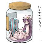  fechirin in_bottle in_container jar long_hair patchouli_knowledge person_in_a_container purple_eyes purple_hair sketch striped touhou translated violet_eyes 