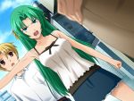  bare_shoulders confrontation dutch_angle game_cg green_hair higurashi_no_naku_koro_ni houjou_satoshi sonozaki_shion 