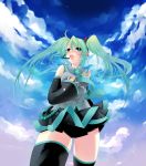  bad_id cloud clouds detached_sleeves green_eyes green_hair hatsune_miku headset necktie skirt sky thigh-highs thighhighs twintails vocaloid 