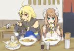  1girl blonde_hair blue_eyes brown_hair emil_castagnier flower food fried_rice gloves hair_ornament long_hair marta_lualdi noodles ramen red_eyes scarf tales_of_(series) tales_of_symphonia tales_of_symphonia_knight_of_ratatosk wristband 