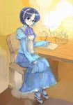  android asasow blue_eyes blue_hair chair dress glasses renkin_san-kyuu_magical_pokaan sitting smile 