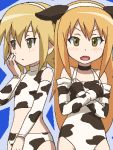  animal_costume awa bare_shoulders blonde_hair blush choker covering cow_costume cow_girl cow_print cowsuit flat_chest hairband koizumi_chika kyou_no_go_no_ni long_hair lowres midriff oekaki open_mouth short_hair yellow_eyes 