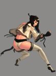  bad_id black_hair fighting_stance fingerless_gloves gloves long_hair madness_(pixiv) red_eyes solo thigh-highs thighhighs 