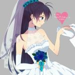  2013 bare_shoulders blue_eyes bouquet dress earrings flower ganaha_hibiki gloves happy_birthday highres idolmaster iketsuko jewelry ponytail profile ring rose smile veil wedding_dress 