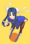  blue_hair boots bracelet bun_cover capcom china_dress chinadress chinese_clothes chun-li chun-li_(cosplay) cosplay double_bun haioman highres jewelry kawashima_ami knee_boots long_hair pantyhose parody purple_eyes solo spiked_bracelet spikes street_fighter toradora! violet_eyes 