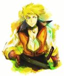  blonde_hair choker gloves green_eyes guy_cecil lowres male smile solo sword tales_of_(series) tales_of_the_abyss weapon 