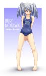  barefoot blush heterochromia highres infinite_stratos laura_bodewig mao9721 mao_(6r) name_tag no_eyepatch school_swimsuit silver_hair swimsuit twintails 
