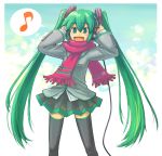  hands_on_headphones hatsune_miku headphones listening_to_music musical_note musical_notes nakune scarf solo thighhighs twintails vocaloid 