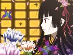  bangs black_hair blunt_bangs butterflies butterfly enma_ai flower hair_flower hair_ornament hime_cut jigoku_shoujo long_hair nauribon petals profile red_eyes 