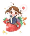 blush brown_eyes brown_hair child dress food fruit happy heart open_mouth original smile star straddle strawberries strawberry sweets toujou_sakana twintails 