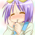  1girl closed_eyes eating happy hiiragi_tsukasa lucky_star minami_(colorful_palette) overalls purple_hair short_hair solo 