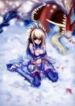  blood detached_sleeves green_hair hair_over_one_eye hairband horn horns kirin kirin_(armor) kneeling long_hair monster monster_hunter sitting snow st.microscope stm thigh-highs thighhighs 