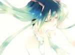  closed_eyes green_hair hajida hatsune_miku headphones jewelry long_hair necktie open_mouth shirt singing tattoo twintails vocaloid 