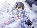  1girl afterglow animal_ears ashe_(cg) ashe_(under_the_moon) bed black_hair blue_hair blush cat closed_eyes couple father_and_daughter game_cg hand_holding holding_hands horns kiss kyle_(under_the_moon) long_hair sleeping toujou_sakana under_the_moon white_hair 