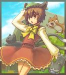  brown_eyes brown_hair cat cat_ears cat_tail chen dress earrings fish hat jewelry multiple_tails nakune paw_print short_hair tail touhou 