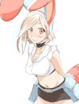  bunny_ears choker getsumento_heiki_miina midriff rabbit_ears red_eyes shorts smile tsukishiro_mina white_hair xo160 