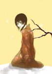  brown_hair highres japanese_clothes kae_(artist) kimono kneeling pale_skin seiza sitting snow yellow_eyes 