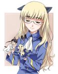  animal_ears blonde_hair cat_ears character_doll doll glasses hand_puppet hand_puppets light_smile military military_uniform perrine_h_clostermann puppet puppets sakamoto_mio smile strike_witches tail uniform 