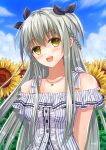  1girl black_ribbon blush breasts collarbone eyebrows_visible_through_hair flower hair_ribbon highres hoshimaemi jewelry large_breasts long_hair looking_at_viewer necklace open_mouth original ribbon silver_hair smile solo star star_necklace sunflower yellow_eyes 