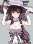  1girl absurdly_long_hair adjusting_clothes adjusting_hat alternate_costume arms_up blue_eyes blush breasts brown_hair closed_mouth elbow_gloves eyebrows_visible_through_hair gloves hat highres large_breasts long_hair looking_at_viewer new_game! solo takimoto_hifumi very_long_hair white_gloves white_hat ynote 