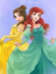 2girls ano_(sbee) ariel_(disney) artist_name back-to-back beauty_and_the_beast belle_(disney) blue_background blue_eyes brown_eyes brown_hair curtsey disney dress earrings elbow_gloves gloves green_background hair_bun happy_birthday jewelry long_hair long_sleeves looking_at_viewer multiple_girls redhead shell smile the_little_mermaid yellow_dress