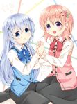  2girls :d bangs black_skirt blue_bow blue_bowtie blue_eyes blue_vest blush bow bowtie breasts buttons closed_mouth collared_shirt commentary_request eyebrows_visible_through_hair gochuumon_wa_usagi_desu_ka? hair_ornament hairclip hand_holding hoto_cocoa interlocked_fingers kafuu_chino light_blue_hair long_hair long_skirt long_sleeves looking_at_viewer multiple_girls open_mouth orange_hair pink_vest pocket rabbit_house_uniform red_bow red_bowtie saiden_(konekobotan) shirt short_hair skirt small_breasts smile star vest violet_eyes white_background white_shirt wing_collar x_hair_ornament 
