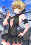  1girl armband artoria_pendragon_(all) artoria_pendragon_(lancer) barbed_wire bare_shoulders black_bow black_legwear blonde_hair blue_sky blush bow breasts bridge brown_hair car_keys chain-link_fence cleavage cleavage_cutout covered_navel day eyebrows_visible_through_hair fate/grand_order fate_(series) fence hair_bow hand_on_hip highres hoshimaemi key keychain large_breasts looking_at_viewer outdoors short_hair sky solo standing thigh-highs yellow_eyes 