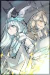  2girls axe back-to-back blonde_hair blue_eyes blue_hair braid brooch character_request commentary_request fang feathers frown grey_background highres holding huang_li_ling jewelry multiple_girls open_mouth patapon shield tiara twin_braids upper_body weapon yellow_eyes 