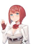  1girl ark_royal_(kantai_collection) bangs blue_eyes blunt_bangs bob_cut breasts brown_gloves cleavage_cutout fingerless_gloves genocide06 gloves hairband highres kantai_collection long_sleeves looking_at_viewer red_ribbon redhead ribbon short_hair signature simple_background small_breasts solo tiara upper_body waving white_background 
