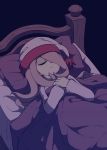  1girl bed closed_eyes dark dress hair_over_one_eye hat ica_tm little_witch_academia long_hair pale_skin pink_hair purple_hair simple_background sleeping solo sucy_manbavaran witch 
