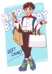  1boy 2017 :d bag black_hair blush_stickers cellphone collared_shirt dark_skin dark_skinned_male dated grey_eyes happy_birthday male_focus musical_note open_mouth phichit_chulanont phone posca shirt shopping_bag smartphone smile spoken_musical_note yuri!!!_on_ice 