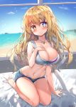  1girl barefoot blonde_hair blue_eyes breasts brown_eyes character_request cleavage collarbone copyright_request denim denim_shorts eyebrows_visible_through_hair heterochromia highres large_breasts long_hair looking_at_viewer seiza shorts sitting solo tandohark 