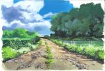  blue_sky calligraphy_brush_(medium) clouds cloudy_sky commentary_request day grass highres hirota_(masasiv3) no_humans outdoors path road scenery sky studio_ghibli tree 