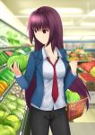  1girl basket black_pants blue_jacket breasts casual cleavage cowboy_shot dndlga dress_shirt fate/grand_order fate_(series) food holding holding_food indoors jacket long_hair medium_breasts necktie open_clothes open_jacket pants purple_hair red_eyes red_necktie scathach_(fate/grand_order) shirt solo standing supermarket very_long_hair white_shirt 
