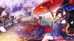  1girl black_hair blue_eyes blush copyright_request eyebrows_visible_through_hair highres holding holding_umbrella long_hair looking_at_viewer parasol parted_lips sitting smile solo spirtie torii umbrella 