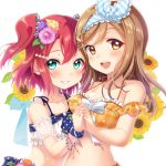  2girls :d aqua_eyes ascot bangs bikini blush bow bracelet brown_hair detached_sleeves flower frilled_bikini frilled_sleeves frills grin hair_flower hair_ornament hair_ribbon hairband hairclip halterneck hand_holding highres jewelry kunikida_hanamaru kurosawa_ruby lace-trimmed_hairband love_live! love_live!_sunshine!! midriff motoasako multiple_girls navel open_mouth orange_bikini plaid plaid_bikini redhead ribbon scrunchie short_sleeves smile striped striped_ribbon sunflower swimsuit two_side_up upper_body white_bow wrist_scrunchie x_hair_ornament 