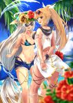  2girls ;d ahoge armlet bare_shoulders bikini blonde_hair blue-framed_eyewear blue_sky blush breasts clouds day flower hat hibiscus highres jewelry long_hair looking_back low-tied_long_hair midriff multiple_girls nanaly_(sennen_sensou_aigis) navel necklace one_eye_closed open_mouth outdoors panda_inu patel_(sennen_sensou_aigis) ponytail red_eyes seashell see-through sennen_sensou_aigis shell short_shorts shorts side-tie_bikini silver_hair sky small_breasts smile standing sun_hat sweatdrop swimsuit unzipped very_long_hair water wristband 