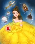  1girl ano_(sbee) artist_name bare_shoulders beauty_and_the_beast belle_(disney) blue_background brown_eyes brown_hair candle candlestand cup disney dress earrings elbow_gloves feather_duster flower gloves glowing glowing_flower hair_bun jewelry long_hair looking_at_viewer rose smile solo_focus sparkle sparkle_background teacup teapot watch yellow_dress 