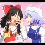  2girls black_hair blue_hair blush bow cato_(monocatienus) closed_eyes commentary_request detached_sleeves feeding gradient_hair hair_bow hair_tubes hakurei_reimu juliet_sleeves letty_whiterock long_sleeves multicolored_hair multiple_girls open_mouth pink_background ponytail puffy_sleeves purple_hair red_bow red_ribbon ribbon ribbon_trim sarashi smile star touhou upper_body yuri 