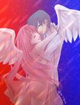  1boy 1girl absurdres ass bangs black_hair collared_shirt commentary_request couple crying darling_in_the_franxx dated eyebrows_visible_through_hair hetero highres hiro_(darling_in_the_franxx) horns hug izumi_mogu long_hair oni_horns pink_hair red_horns see-through shirt short_hair short_sleeves signature tears white_shirt white_wings wing_collar wings zero_two_(darling_in_the_franxx) 